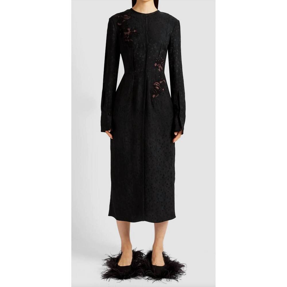 NEW ERDEM long sleeve crushed floral midi dress in black